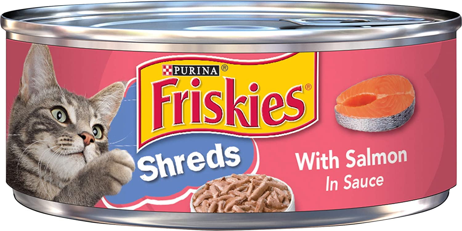 Purina Friskies Shreds Wet Cat Food, With Salmon in Sauce, Made with Real Salmon, Complete & Balanced Nutrition for Cats & Kittens, 5.5-Ounce Can (Pack of 12)