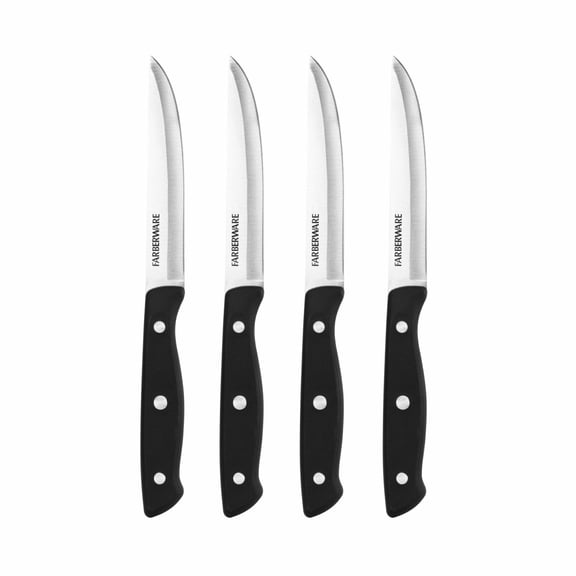 Farberware Triple Rivet Stamped Steak Knife, Black, 4-Piece - 4.5 Inch High-Carbon Stainless Steel Blades for Dining, Grilling & Table Use, Sharp & Durable Kitchen Knife Set