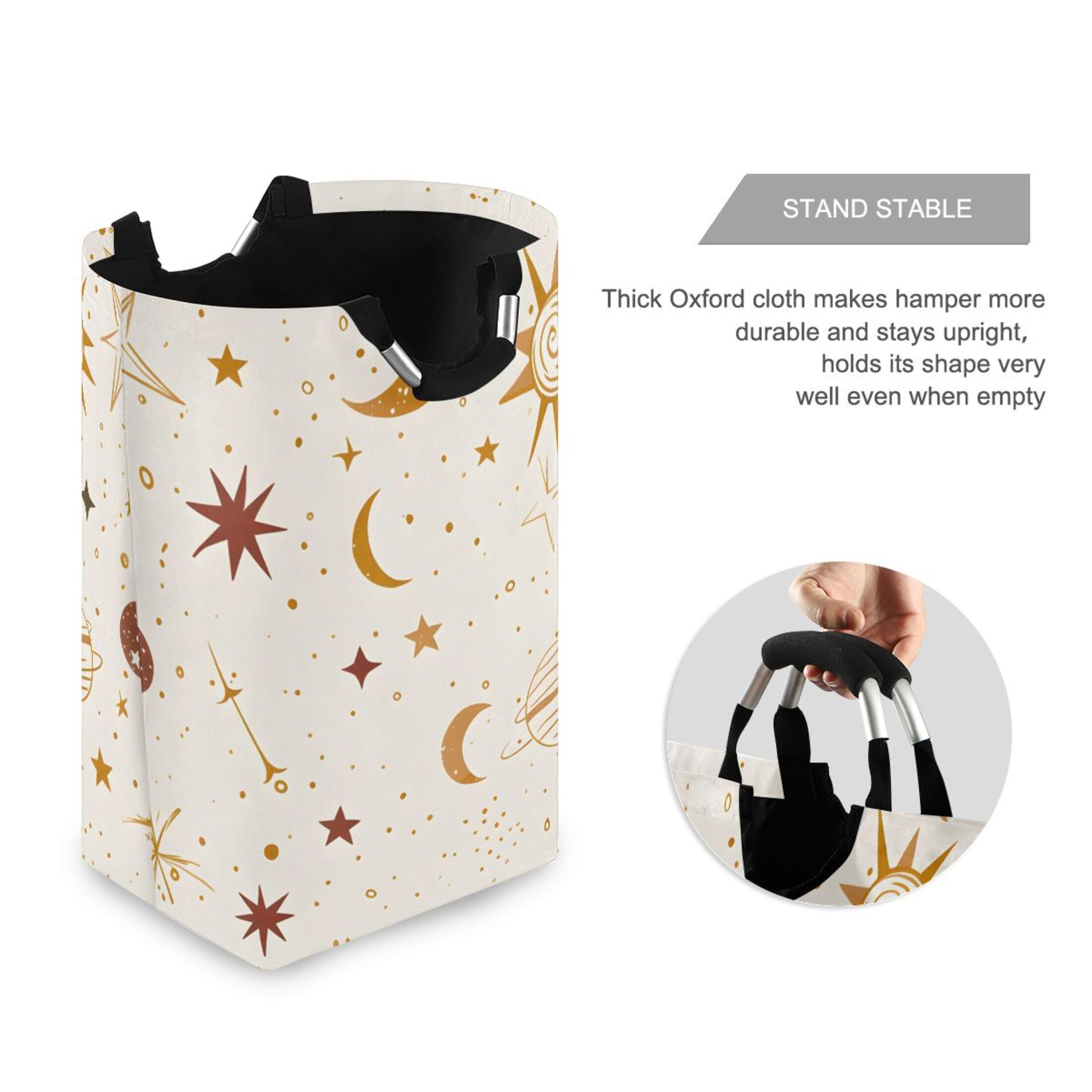 Moon Sun Stars and Planets Laundry Basket with Handles Foldable Laundry Hamper Freestanding Washing Bin 50L