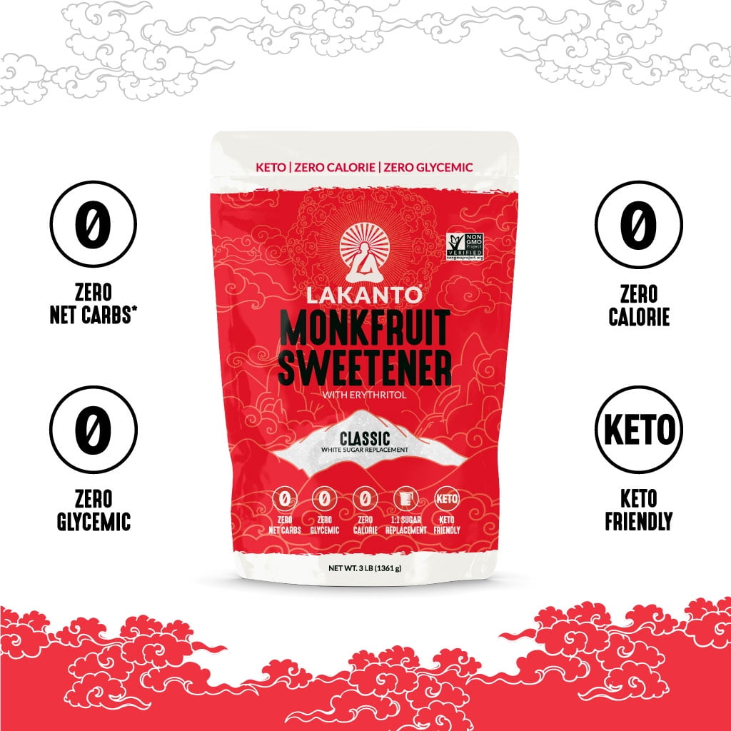 Lakanto Classic Monk Fruit Sweetener - White Sugar Substitute, Zero Calorie, Keto Diet Friendly, Zero Net Carbs, Zero Glycemic, Baking, Extract, Sugar Replacement (Classic White - 3 lbs)
