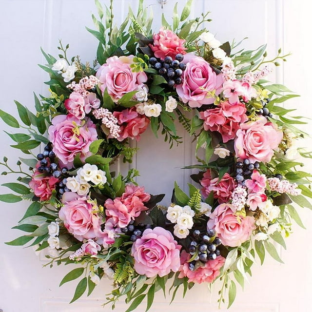 Corona colgante artificial para puerta de entrada, pared, decoración navideña, rosa, 56 cm, 22 pulgadas