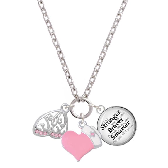 Delight Jewelry Silvertone Open Pink Crystal Butterfly Wing - Light Pink Heart Nurse Strong Zoe Necklace