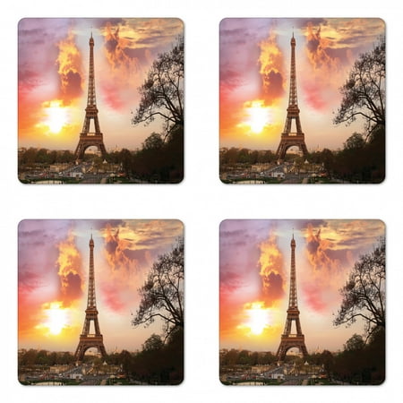 

Paris Coaster Set of 4 Panoramic Photo of Eiffel Tower and Pastel Warm Sunset Sky Parisian Cityscape Square Hardboard Gloss Coasters Standard Size Orange and Brown by Ambesonne