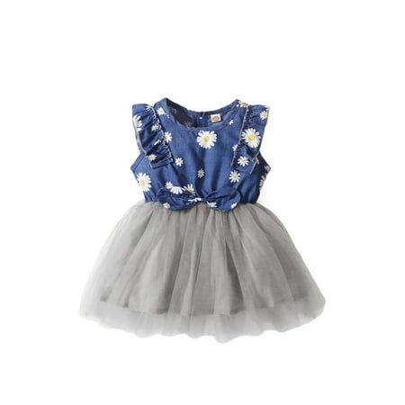

Girls Daisy Print Denim Dress Sleeveless O-neck High Waist Sundress