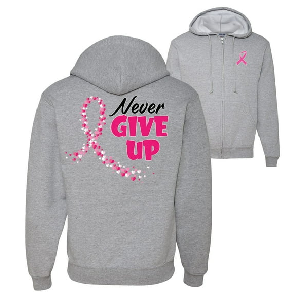 Wild Bobby, Never Give Up Fight Cancer, Breast Cancer Awareness, Front and Back Graphic Zip Up Hoodie Sweatshirt, Heather Grey, Small