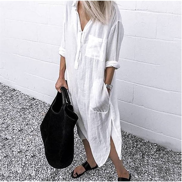 Summer Shirt Long Dress Women Casual Long Sleeve Side Split Button Dresses 2023 Female Elegant Solid Color Pocket Loose DressesS Gao Jinjia LED