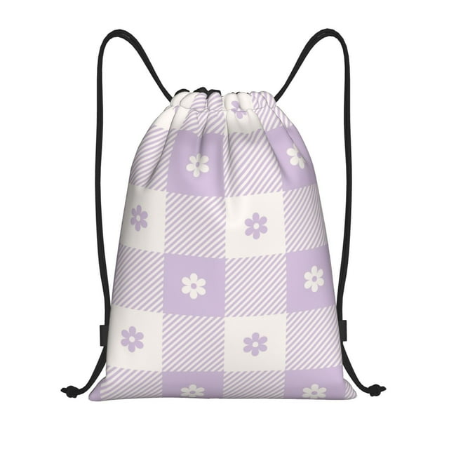 Saiise Floral Purple Buffalo Plaid Pattern Sports Drawstring Backpack - String Swim Gym Bag with Wet Proof Pocket for Women&Men-Medium