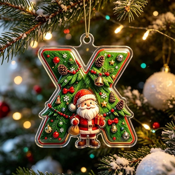 romoty Personalized Initial Christmas Tree Letter Ornaments, Pine Needle Santa Claus Pendants, 2D Flat Acrylic Monogram Xmas Decor