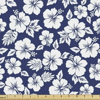 Ambesonne Hawaii Fabric by the Yard Upholstery, Flowering Hibiscuses, 5 Yards, Navy Blue White