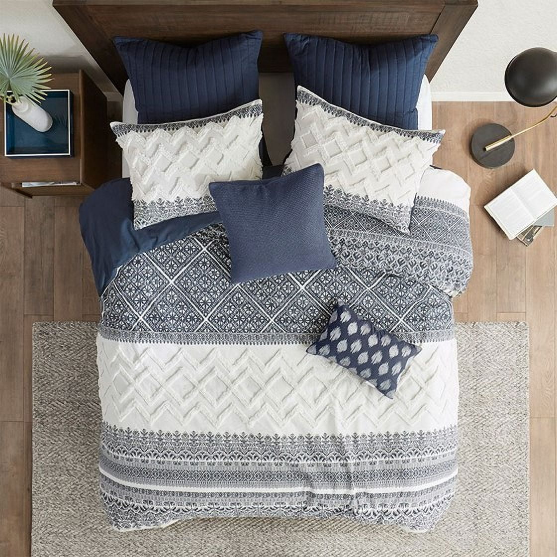 Izzovium Full/Queen 3-Piece Chenille Tufted Duvet Cover Set, Cotton Farmhouse Bedding in Navy/White