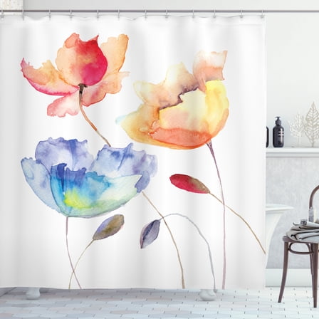 Watercolor Flower Decor Shower Curtain Set, Summer Flowers In Retro Style Painting Effect Nature Is A Blessing Art, Bathroom Accessories, 69W X 70L Inches, By Ambesonne