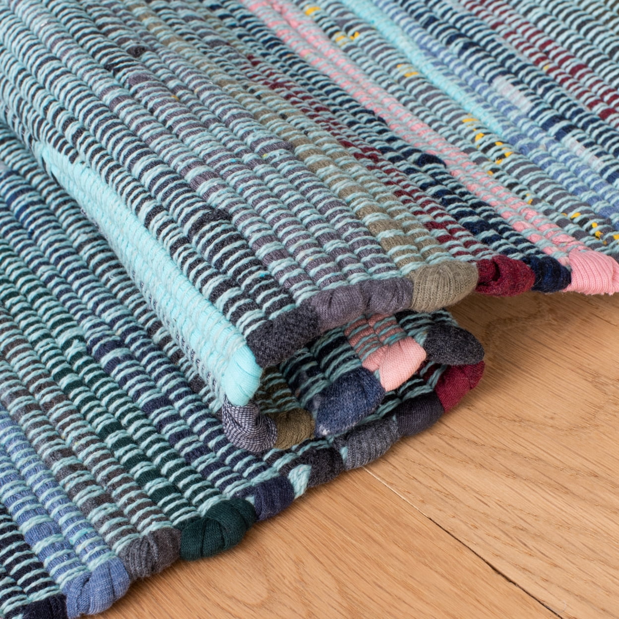 SAFAVIEH Rag Romeo Striped Fringe Cotton Area Rug, Light Blue/Grey, 6' x 9'