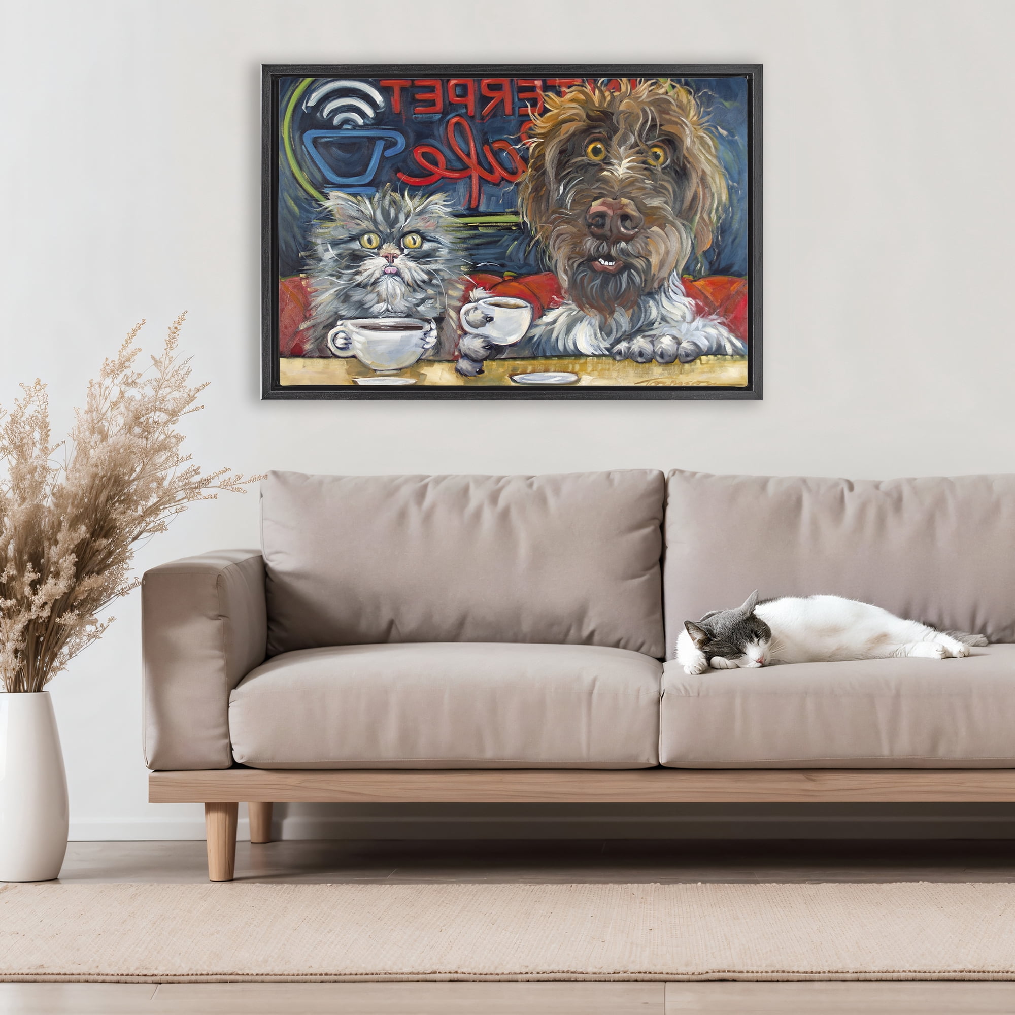 Stupell Industries Pets Wired At The Cafe Black Framed Floater Canvas Wall Art, design by CR Townsend