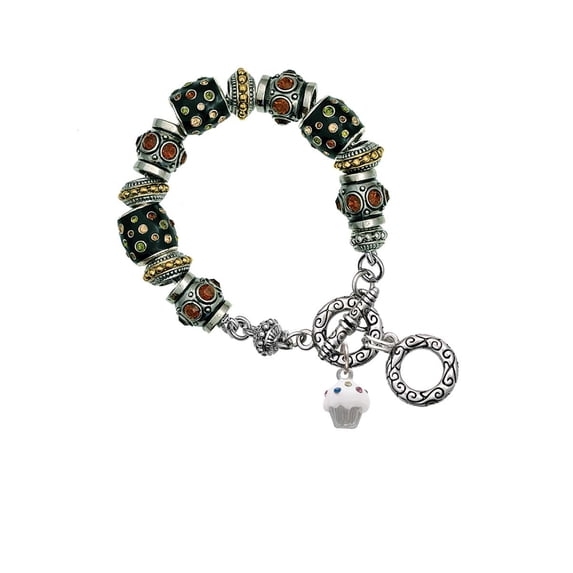 Silvertone Small White Cupcake with Crystal Sprinkles Fall Crystal Bead Charm Bracelet