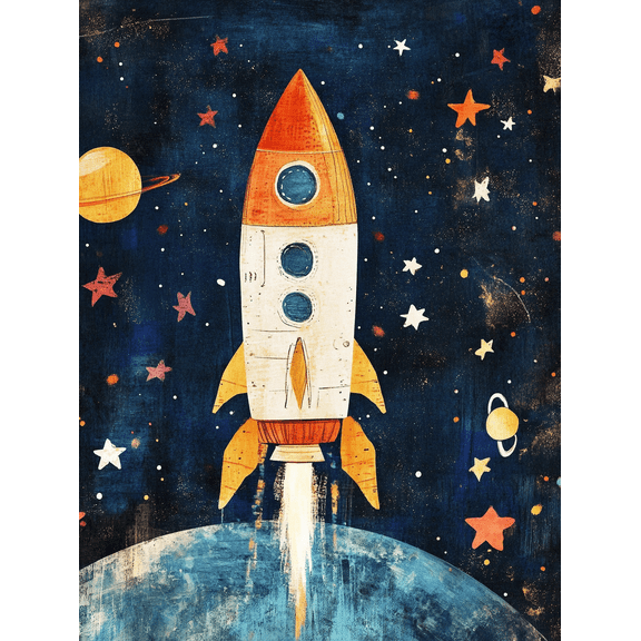 Space Rocket Canvas Art Print， Suitable for Living Room， Bedroom， Office， Nursery， and Playroom Decoration.