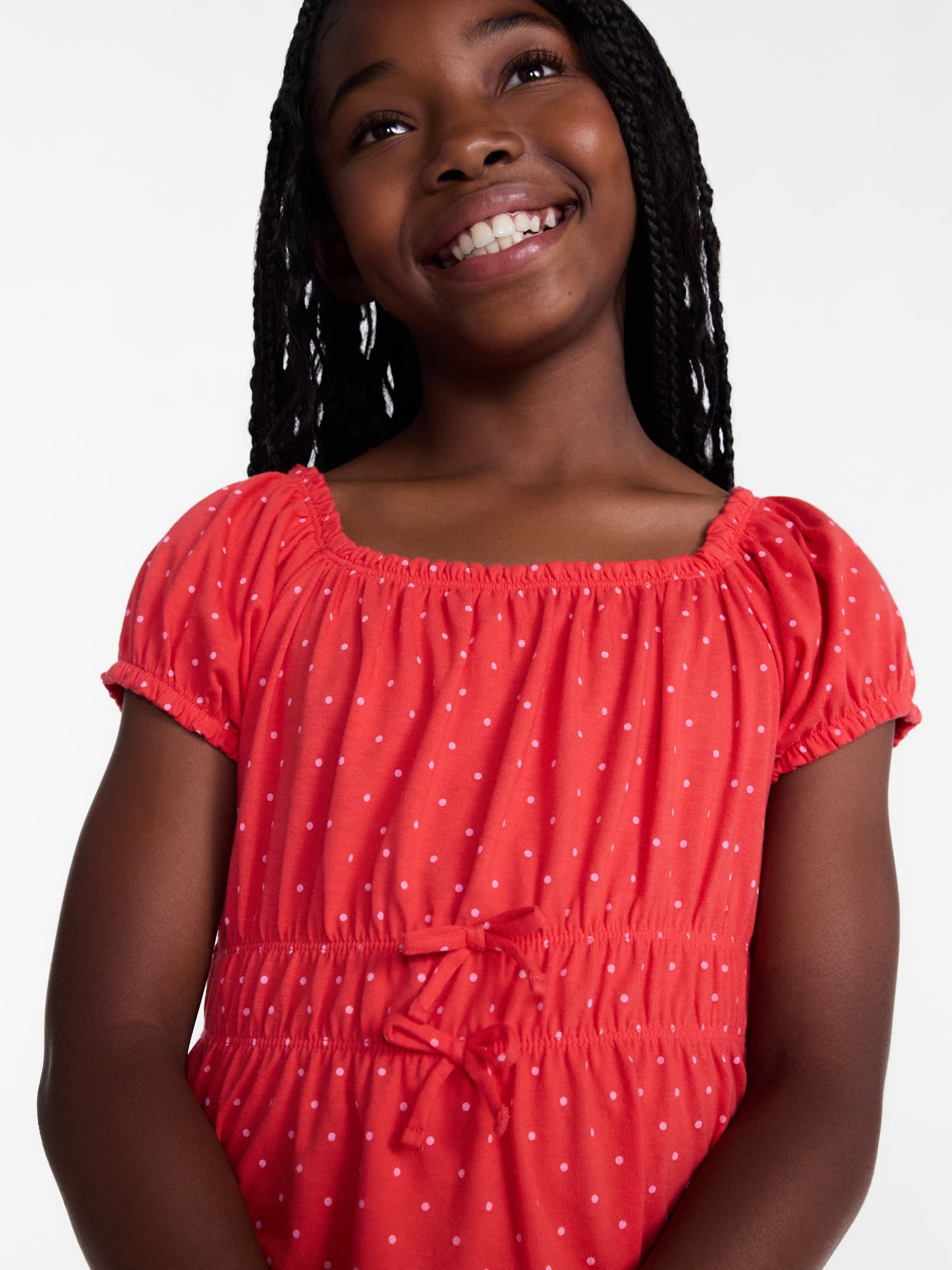 Wonder Nation Girls' Bow Front Peasant Top with Short Puff Sleeves, Sizes 4-18 & Plus