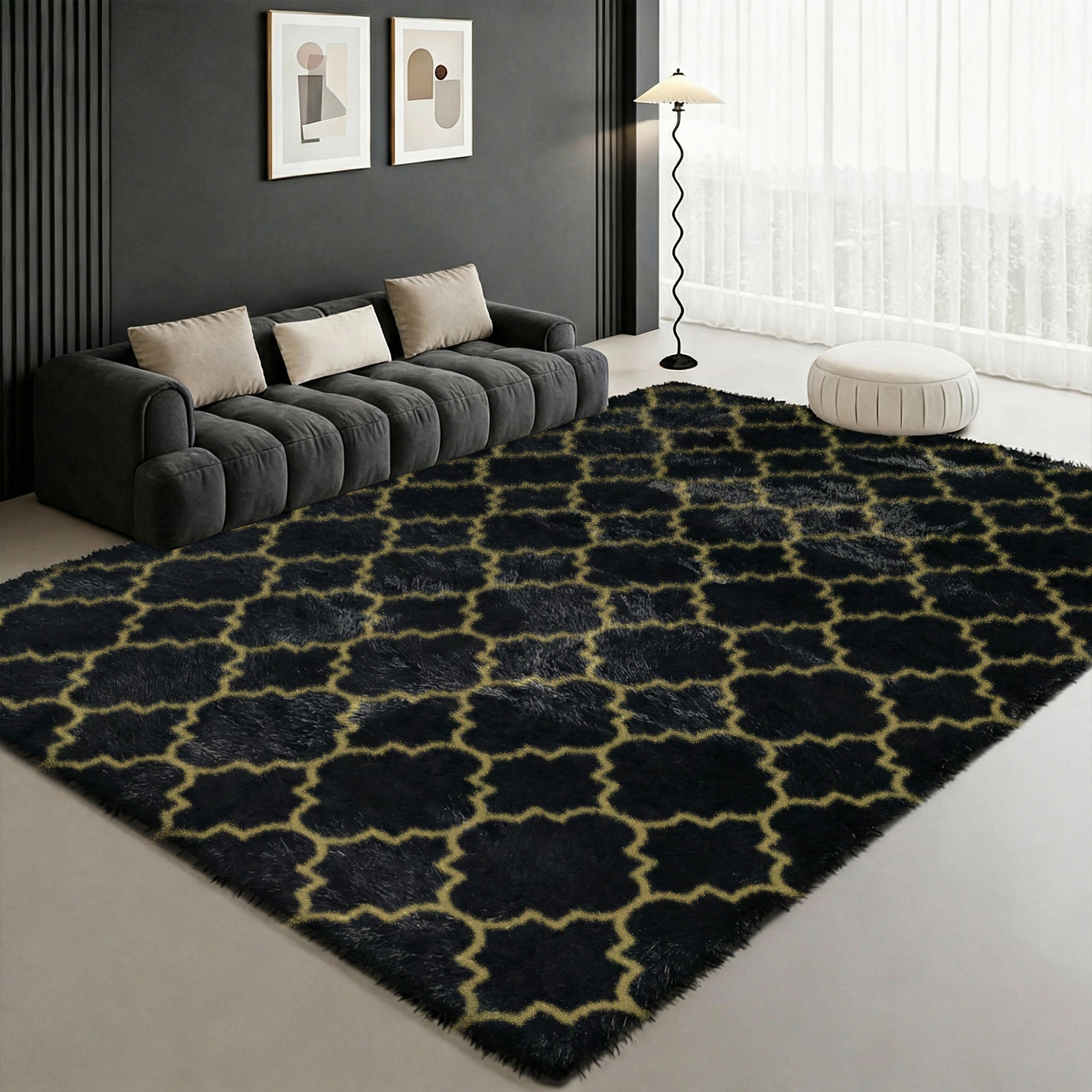 Pentantan Shag Area Rug, 5ft x 8ft Geometric Soft Fluffy Rugs for Living Room Bedroom Indoor Carpet, Black & Gold