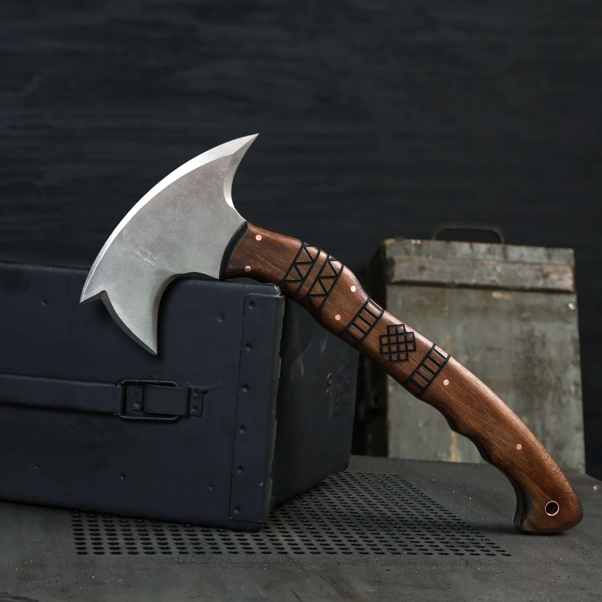 13.77" Camping Hatchet w/ Engraved Wooden Handle, Handmade Camping Axe