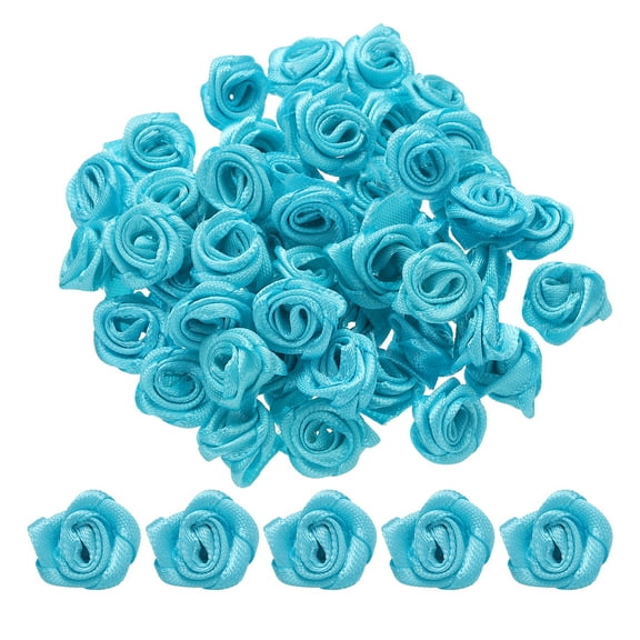 Uxcell 100Pcs 1.5cm Mini Ribbon Roses for Crafts Artificial Fabric Flowers, Blue
