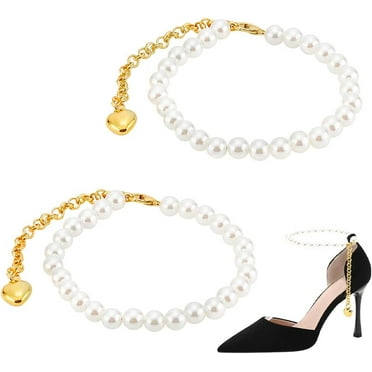 High Heel Shoe Straps Pearl Beaded Shoe Laces for Holding Loose High Heel Shoes, Detachable Anti-Loose Anklets Shoelace Accessories Replacement Ankle Straps for Heels, 1 Pair
