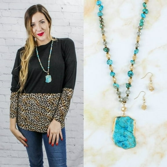 Womens Necklace Stone Nugget Earrings Set Beaded Turquoise Blue Jewelry 32"