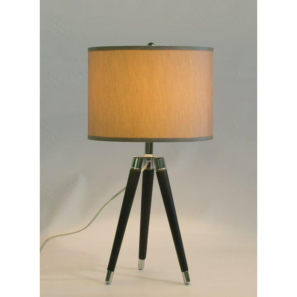Black Mid Century Modern Tripod Leather, Chrome Table Lamp With Black Shade
