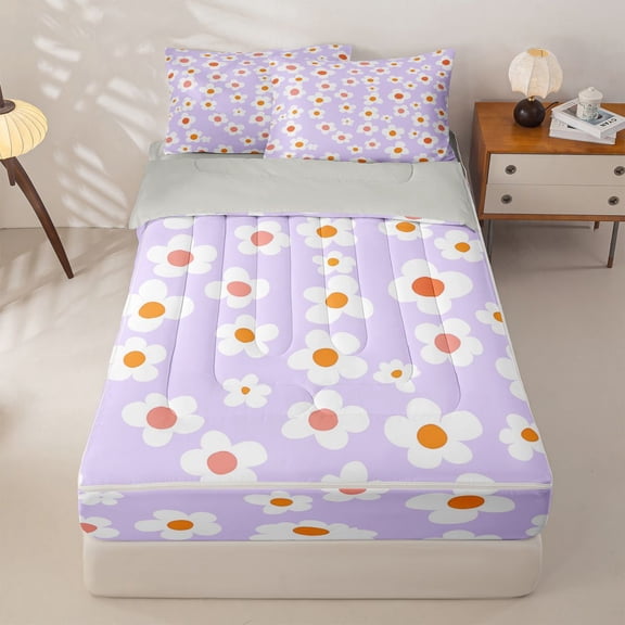 Homewish Purple Flower Zipper Twin Comforter Sets with Fitted Sheet and 2 Pillowcases,Cute Cartoon Themed Zipper Bedding Set,Light Gray Reversible,4pcs
