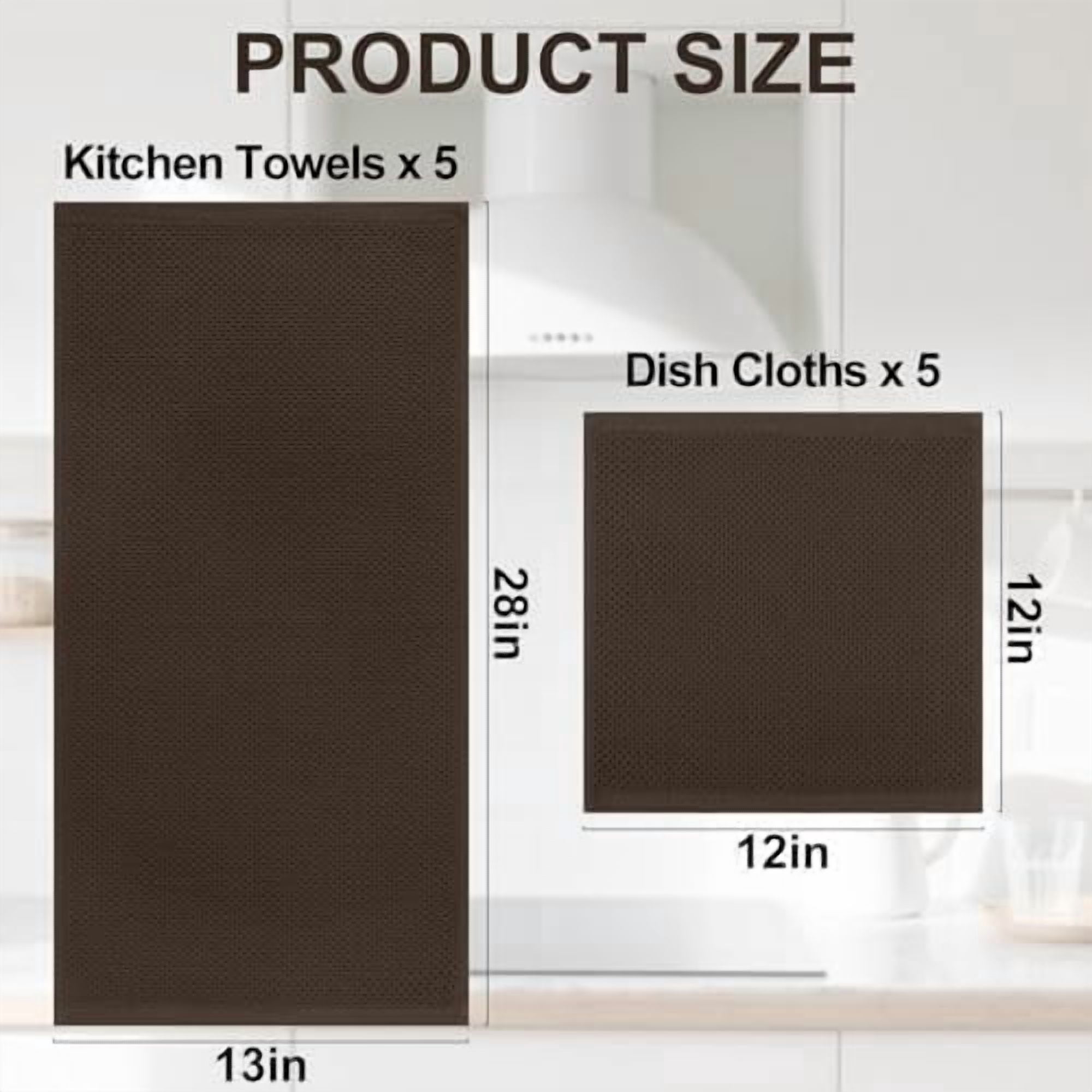 100% Cotton Kitchen Towels and Dishcloths Set, 12 x 12 Inches and 13 x 28 Inches, Set of 10 Bulk Kitchen Towels Set, Ultra Soft Absorbent Dish Cloths for Washing Dishes, Dark Brown