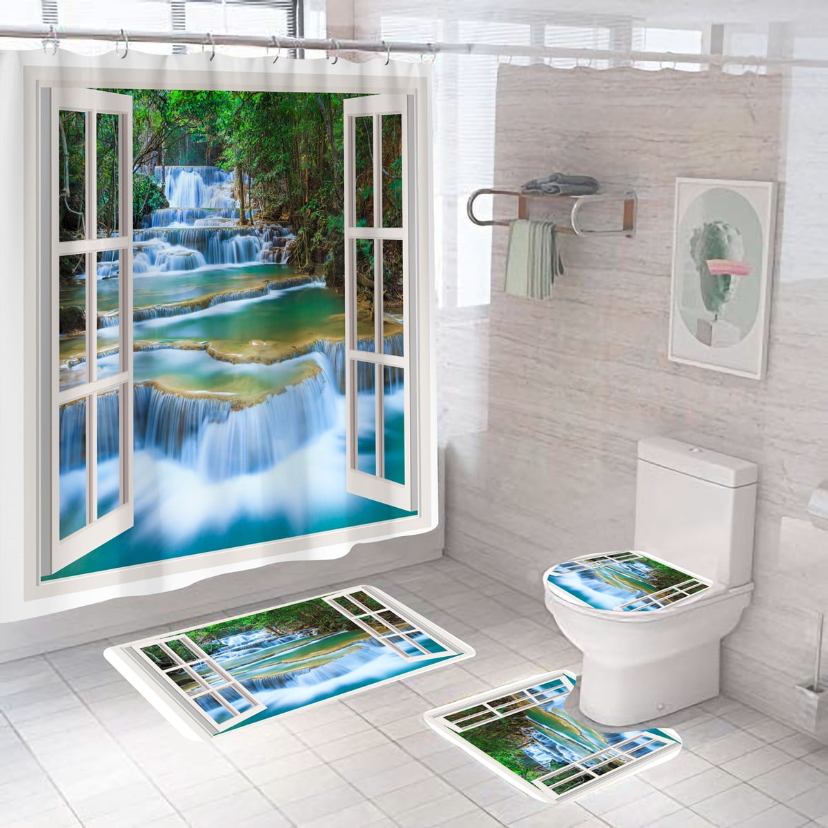 4Pcs Set Bathroom Shower Curtain Toilet Cover Mat Pedestal Rug Kit W/ 12 Hooks A 