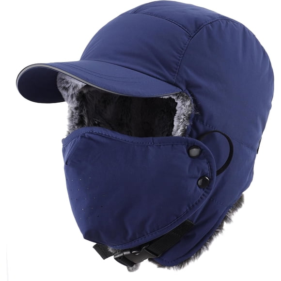 1pcs，Trapper Hat for Men Women Faux Fur Winter Hat with Ear Flaps Water-Resistant Hunting Hats Ushanka Skiing Cap.,Navy Blue