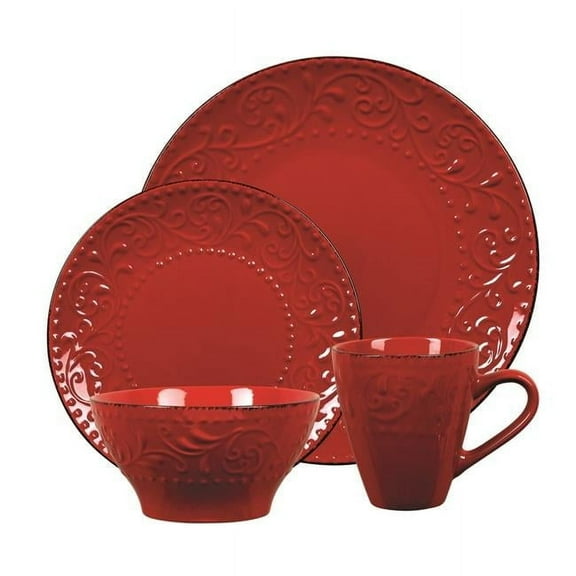 Lorren Home Trends LH526 16 Piece Stoneware Scroll Dinnerware Set, Red