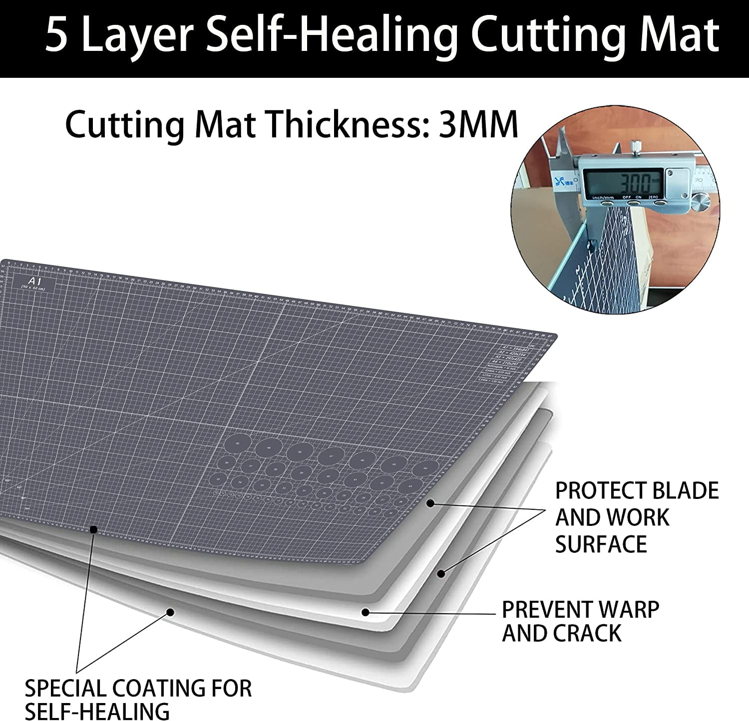 Thickened 24 x 36 Inch Self Healing Cutting Mat, Durable A1 Double Sided 5-Layer Craft Cutting Board for Fabric, Quilting, Sewing, Hobby, Scrapbooking, Arts and Crafts Project, Dark Gray