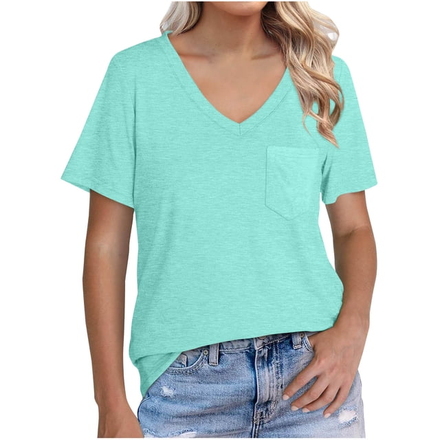 JIUIKE T-Shirts pour Femmes Manches Courtes Col en V Hauts Décontractés Blouses Unies T-Shirts Amples