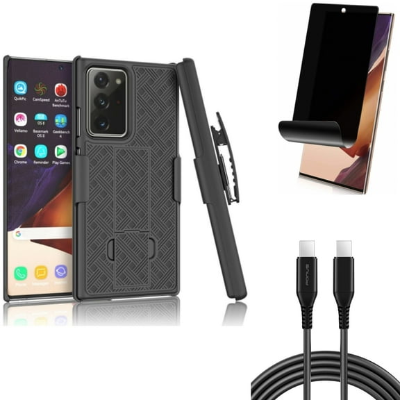 10ft Long USB-C Cable & Case Belt Clip & Privacy Screen Protector for Samsung Galaxy Note 20 Ultra (6.9") - Combo with PD Fast Charger Cord Power & Holster Swivel & TPU Film Anti-Peep