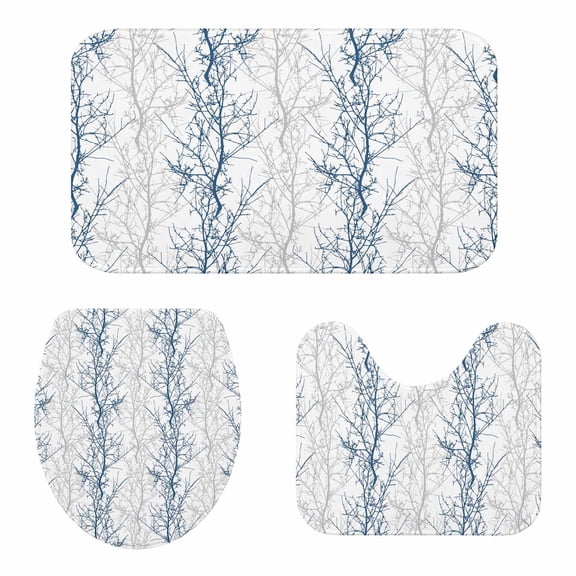 Bathroom Rugs and Mats Sets 3 Piece Tree Branch Bath Sets Non Slip Bath Rug Set with U Shape Rug Blue Grey Contour Toilet Rug for Bathroom Floor Large Size