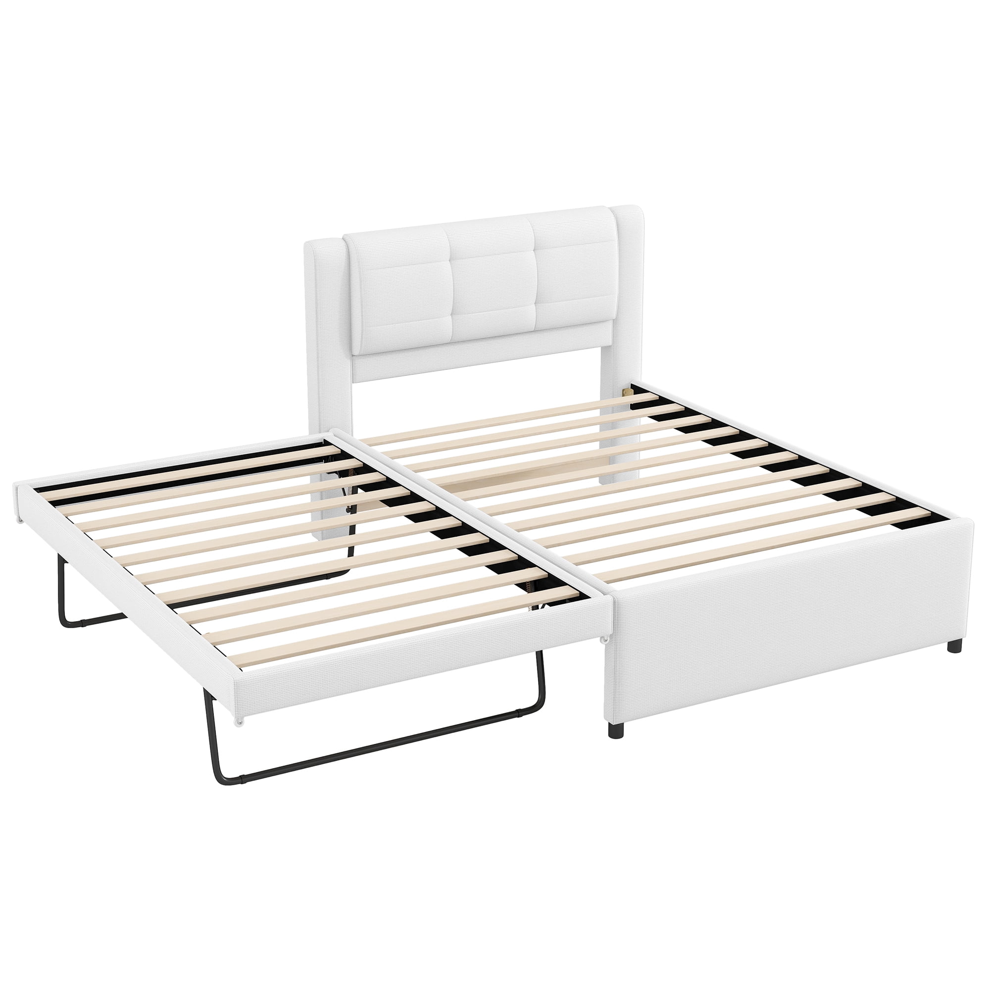 Euroco Upholstered Twin Platform Bed with Pop-up Twin Trundle for Bedroom, 2 Beds in One, Beige