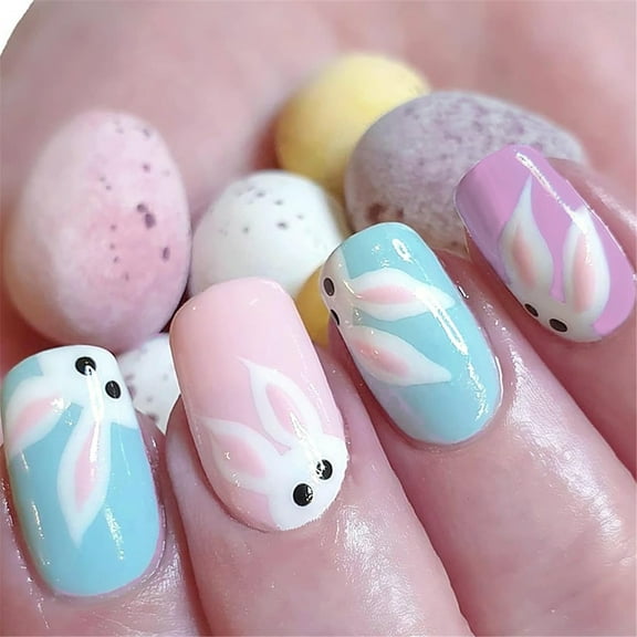 24 Pieces French Tip False Nails Square Rabbits Press on Nails Manicure Nails Art Easy Application for Women and Girls