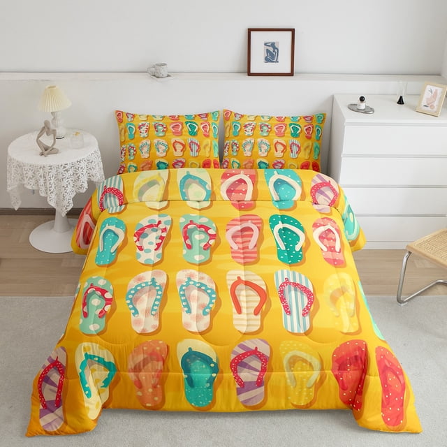 Erosebridal Colorful Flip Flops Bedding King Comforter Set, Tropical Beach Down Comforter, Hawaii Holiday Decor, Reversible