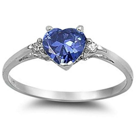 Synthetic Tanzanite Heart Clear CZ Ring Sterling Silver Size 3