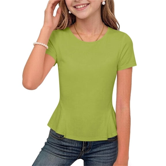 BLTIBY Girls Cap Sleeve Shirts Crew Neck Cute Summer Ruffle Hem Tops Loose Casual Short Sleeve Tees Soft Kids Clothes Green 13-14 Years