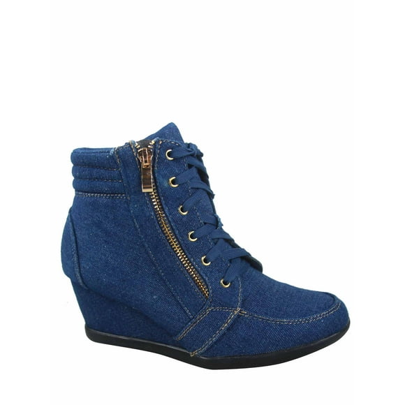 Peggy-56 Women's High Top Fashion Round Toe Lace Up Wedge Sneaker Shoes ( Denim Blue, 10 )