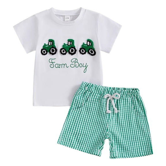 Xudanell Boys T-Shirt and Active Pants Set Outfits Embroidered Toddler Plaid Gingham Boxer Shorts Outfits for Boys 18-24 Months Green