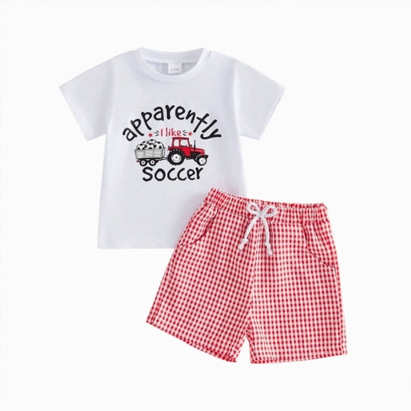 KPOPLK Toddler Baby Boy Clothes 3 6 9 12 18 Months 2 3T 4T Tractor Letter Print Shirt Plaid Shorts Set Outfits 2 PCS(12-18 Months,Watermelon Red)