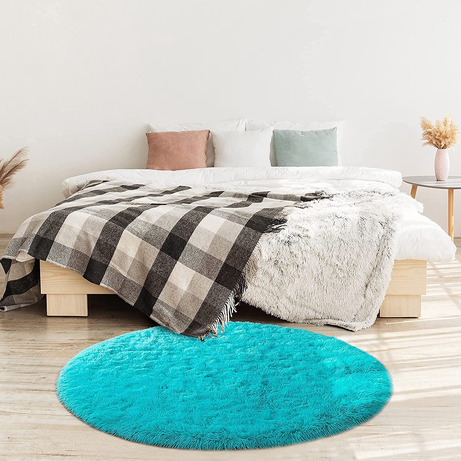 DweIke Round Rug for Bedroom,Soft Shaggy Area Rugs for Living Room Decor,Fluffy Circle Carpets for Nursery,4'x4',Blue