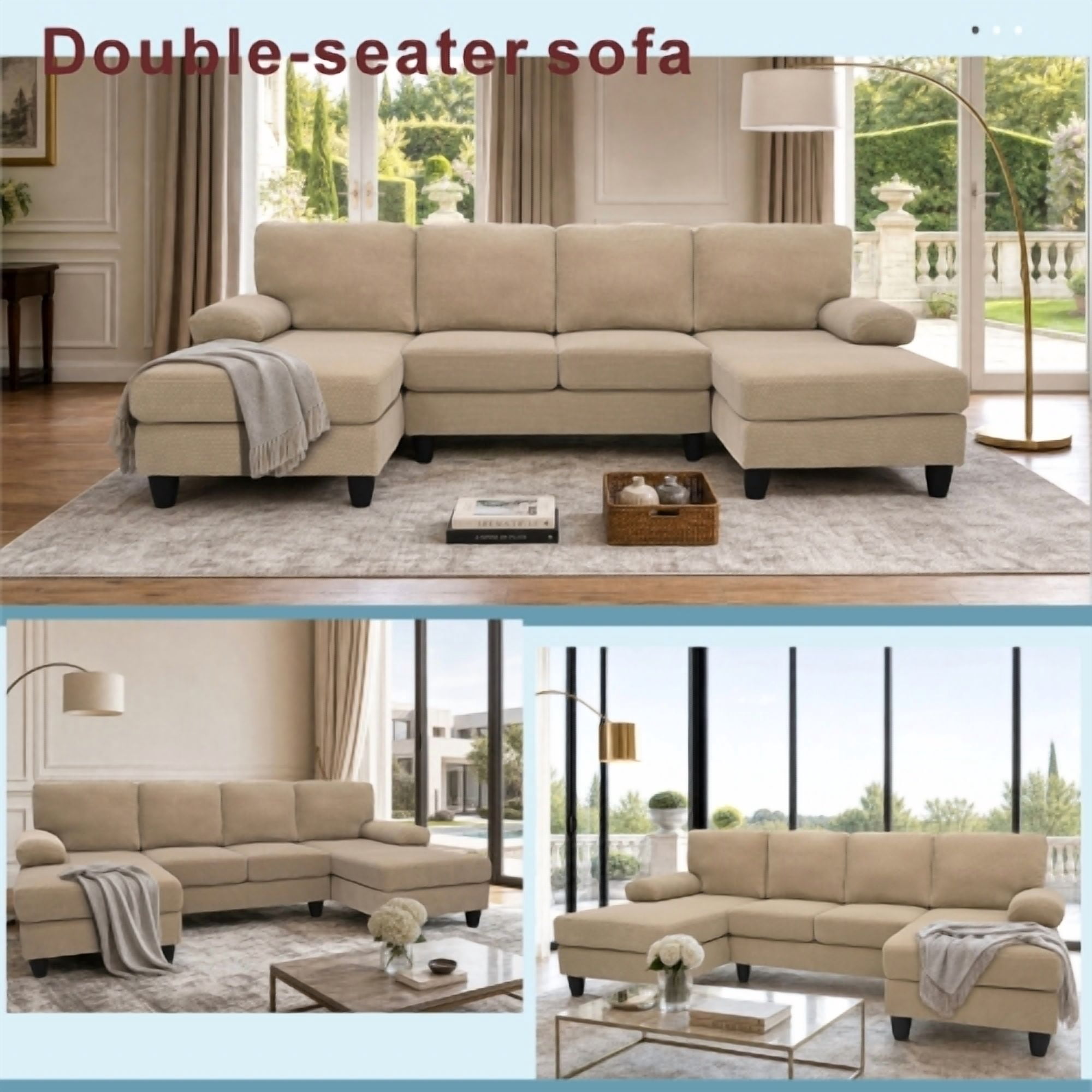 Howcool 104" Cloud Sectional Sofa with Extra Deep Seat,U Shaped Sectional Couches for Living Room,4 Seater Polyester Sofas & Couches,Modern Apartment Couch with Double Chaise Lounge,Camel