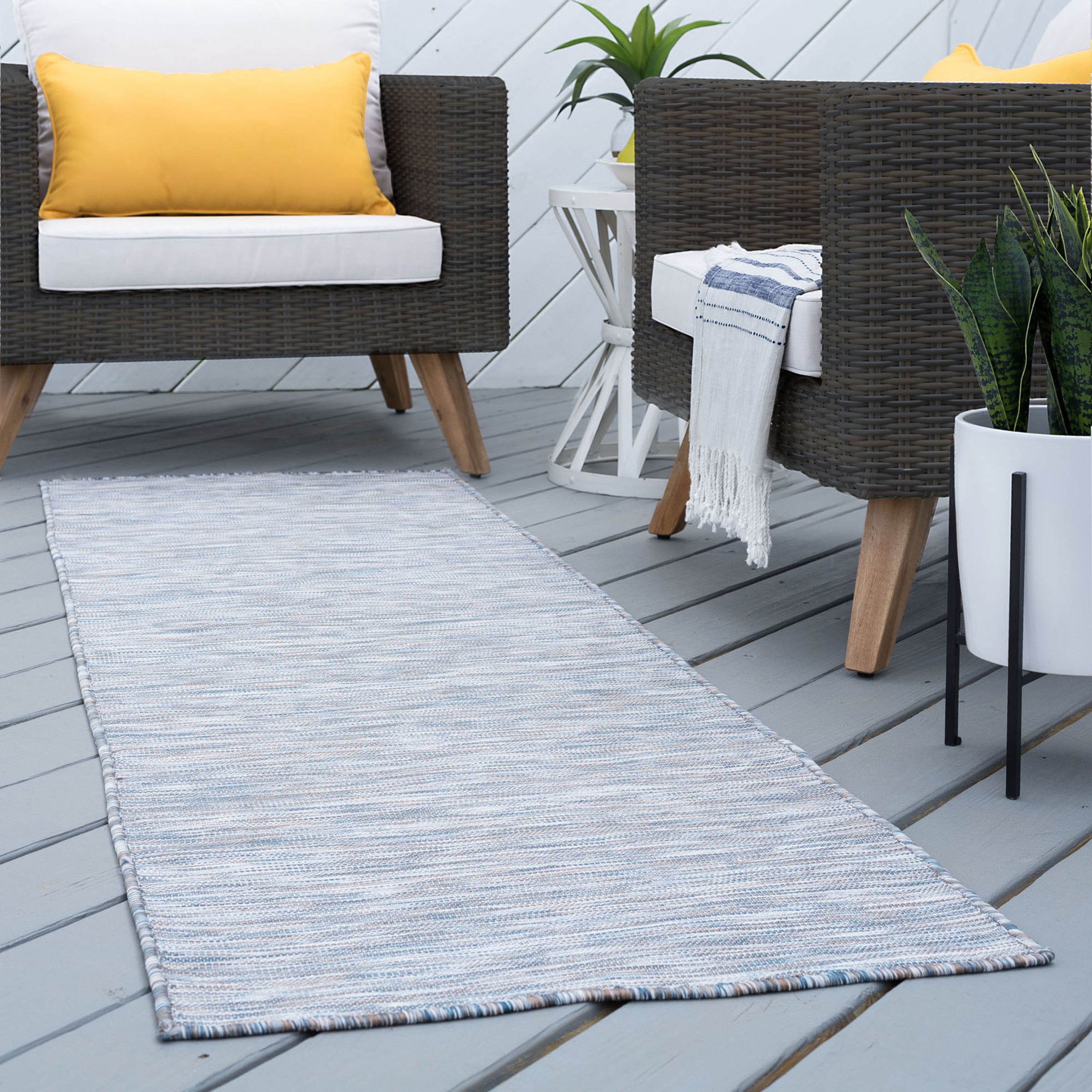 2x10 Water Resistant, Indoor Outdoor Runner Rugs for Patios, Hallway, Entryway, Deck, Porch, Balcony or Kitchen | Outside Area Rug for Patio | Blue, Stripe | Size: 2'3'' x 10'