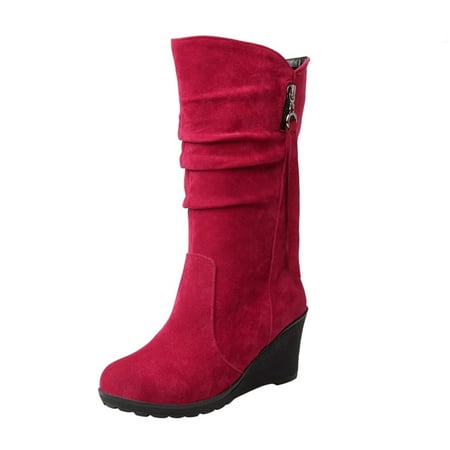 

2022 Ladies Fashion Casual Show Thinning Height Wedge Heel Frosted Side Zipper Decorative Round Toe Medium Boots