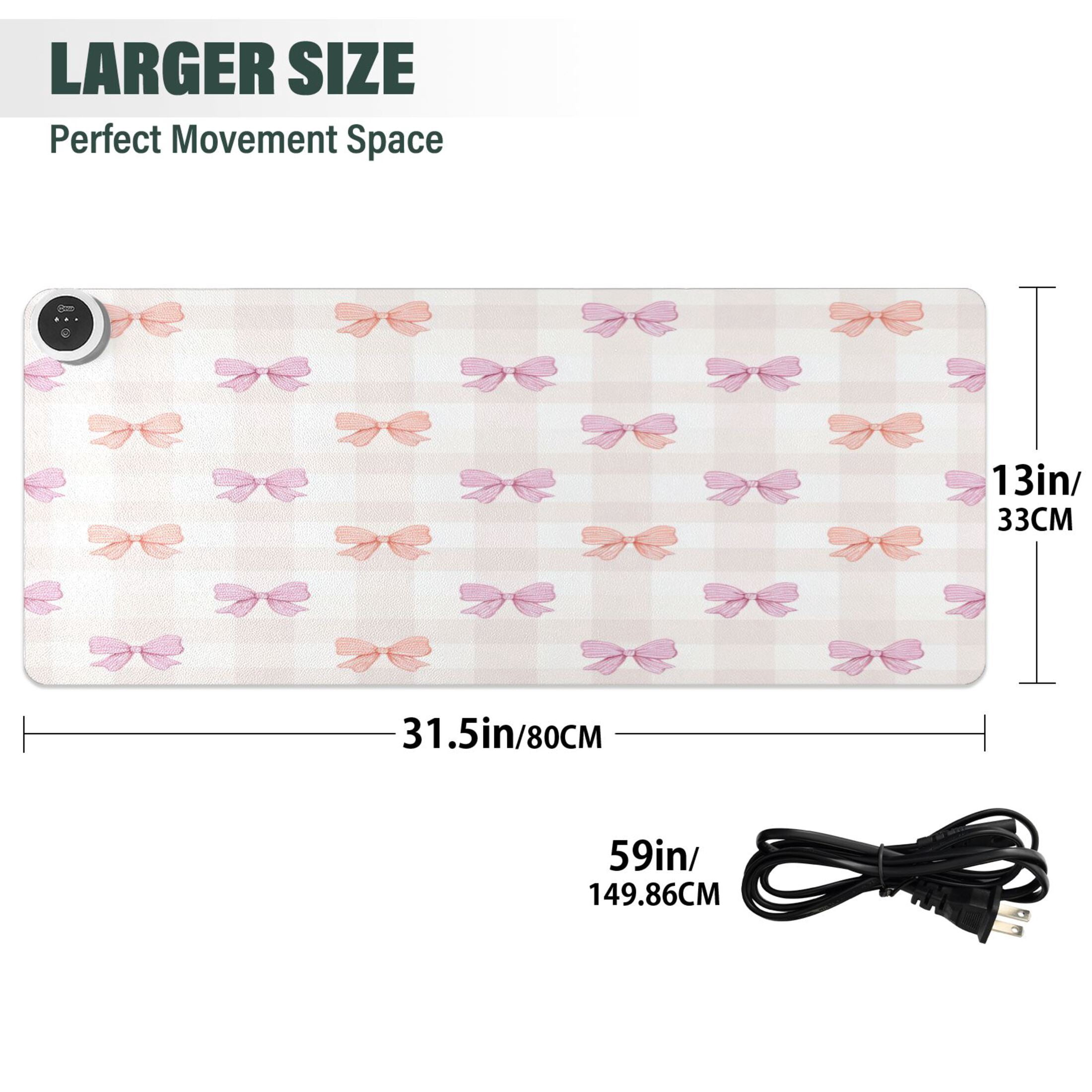 Large Heated Desk Mat Mouse Pad 31.5"x13"PU Leather Graphene Heating Desk Warmer with 3 Temperature Settings 110V US Plug Non-Slip Warm Pad for Home, Office, and Gaming Sweet Pastel Bow Pattern