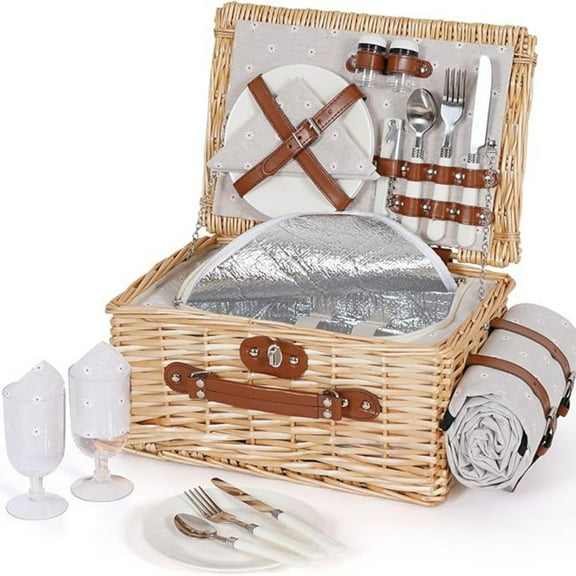 Picnic Basket Set for 2 - Wicker Picnic Basket with Waterproof Blanket & Insulated Liner, Large Handmade Willow Hamper with Cutlery Kit for Outdoor, Picnic, Camping, Holidays (Flower)