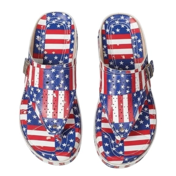 pwidon 4th of July Women's Wedge Heel Sandals Thong Flip Flops Cutout Orthopedic Arch Support Slip On American Flag Patriotic Beach Platform Sandals Blue 5.5